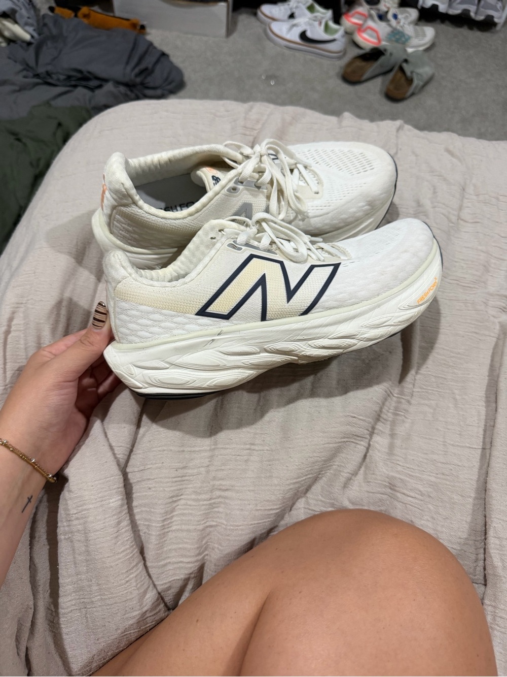 New Balance Women's Cream/White Running Sneakers with Navy 'N'